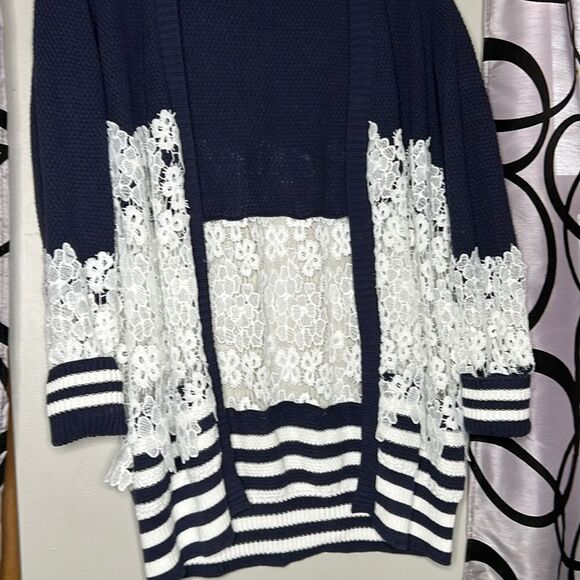 Mesh +Lace striped lace knit cardigan, size medium - Picture 3 of 10